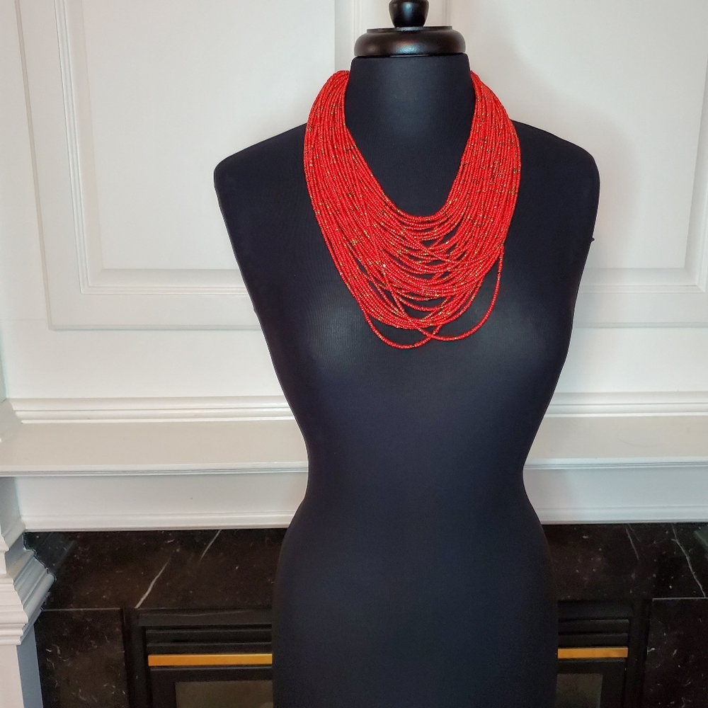 Multi Length Red Beaded Neckace And Bracelet - image 4